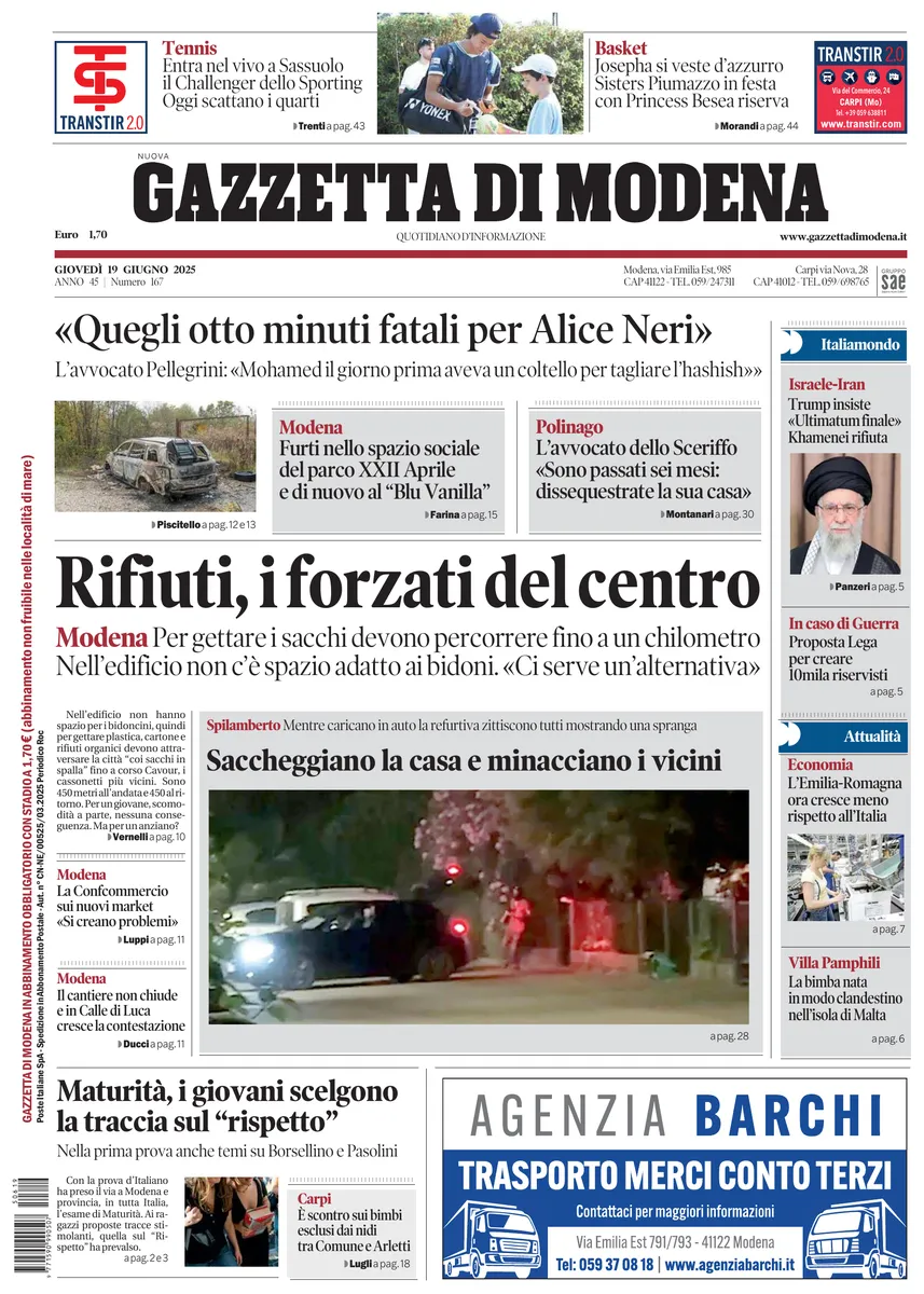 Prima-pagina-gazzetta di modena-oggi-edizione-del-2025-06-19